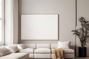 Relaxing Chair Gallery Wrapped Canvas: Blank Picture Frame Mockup in Modern Living Room Interior.
