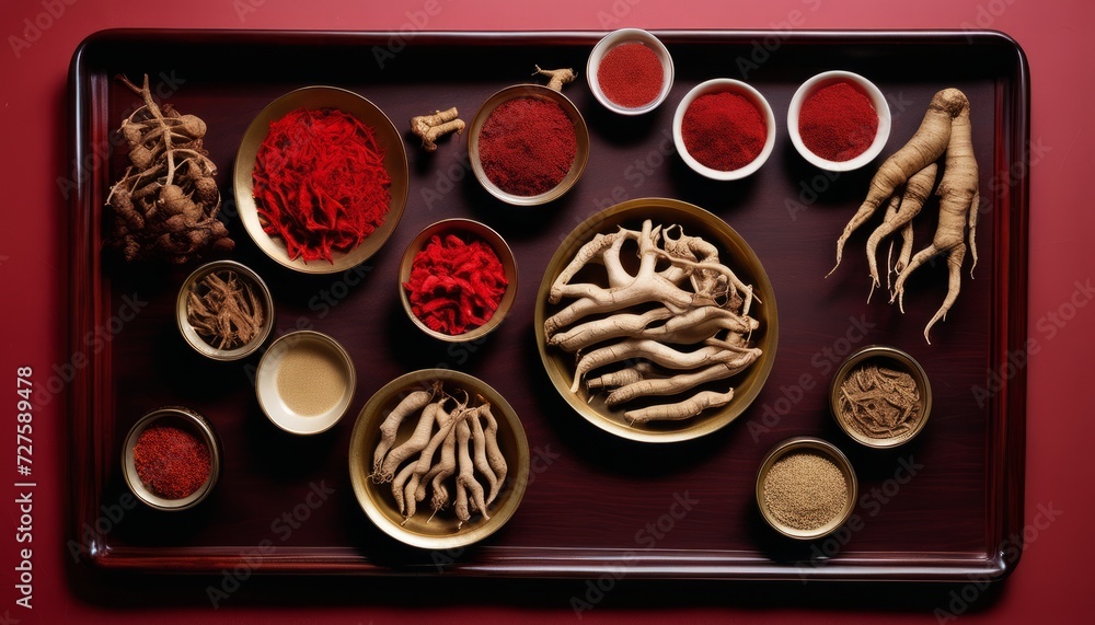 Canvas Prints A wooden tray with various bowls and cups of spices