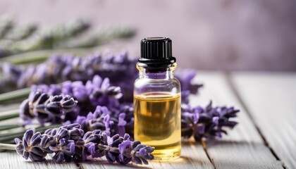 A bottle of lavender oil sits on a table with purple flowers