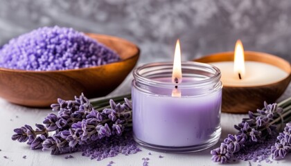 Obraz na płótnie Canvas A purple candle and lavender flowers on a table
