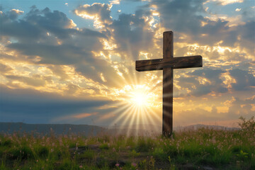 The wooden cross of God in the rays of the sun