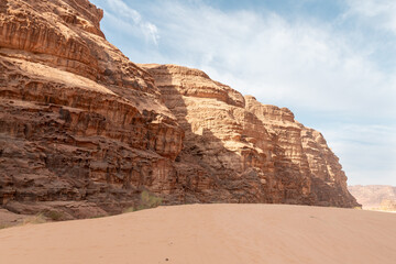 Unforgettable mountain ranges in the red desert of the Wadi Rum near Amman in Jordan