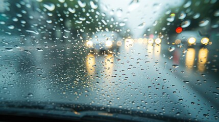 There are water drops in front of the car windshield in the rainy season.