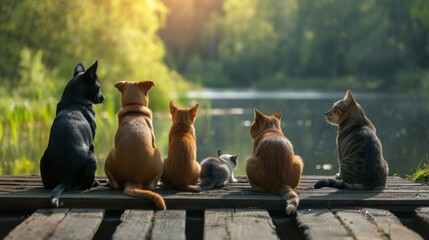 Dogs and cats sit back to back on a wooden bridge by the river. - Powered by Adobe