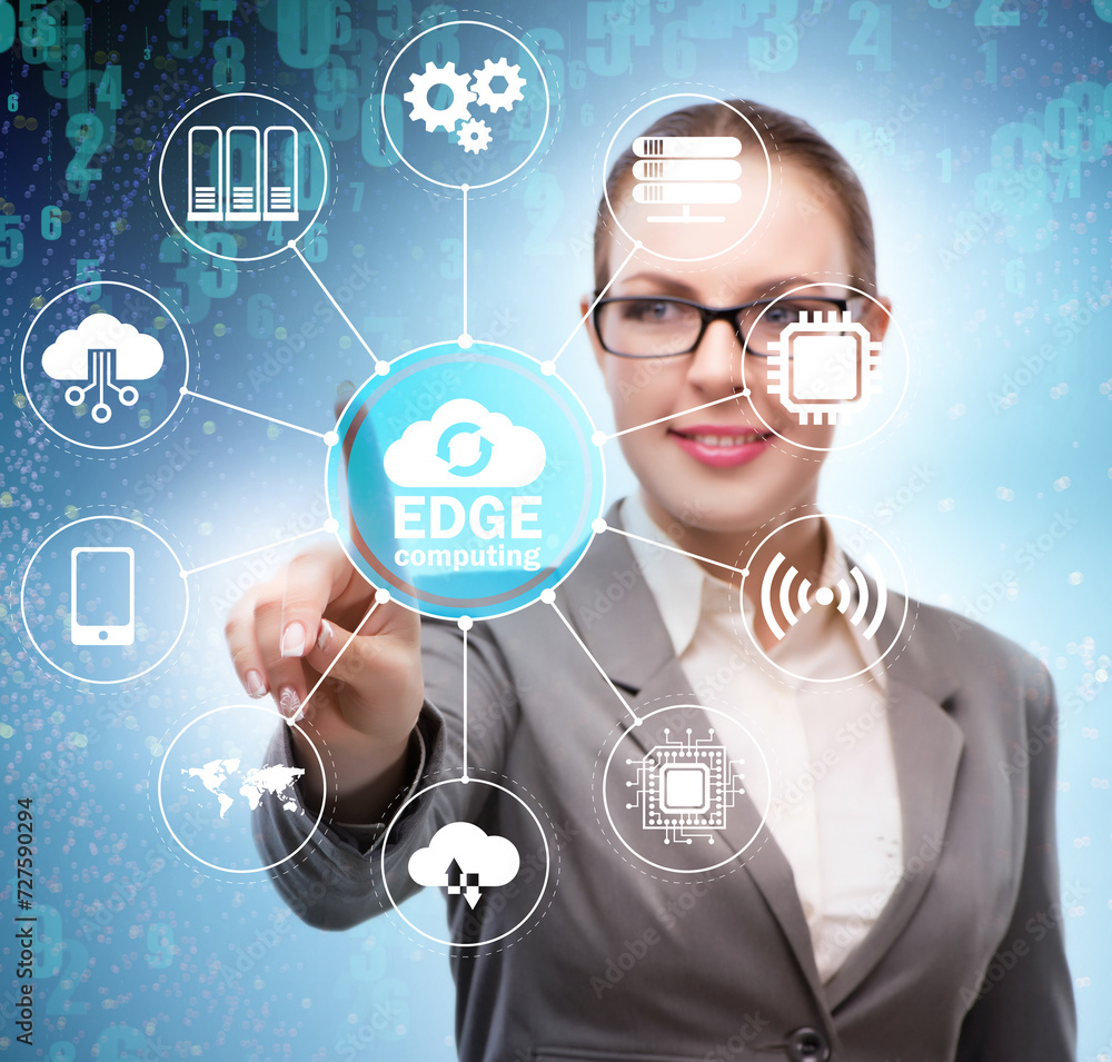 Poster businessman in edge and fog computing concept