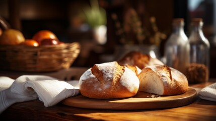 Obraz premium Delicious loaf of bread on the plate on the dining table kitchen interior generate ai