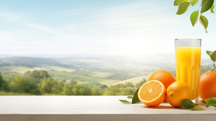 Glass of fresh orange juice with fresh fruits on a wooden table. Blurred background. generate ai