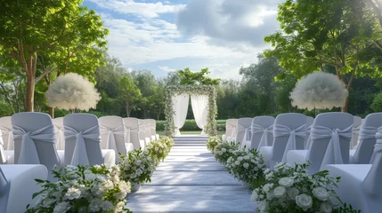 Poster de jardin Jardin empty garden aisle. beautiful outdoor ceremony area with chairs covered in white. modern engagement decoration.