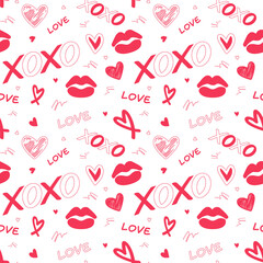 Red love heart xoxo seamless pattern hand-drawn illustration. Cute romantic chaotic and sexy hearts on a white background. Valentine's Day holiday backdrop vector.  Print on textile. Wrapping paper