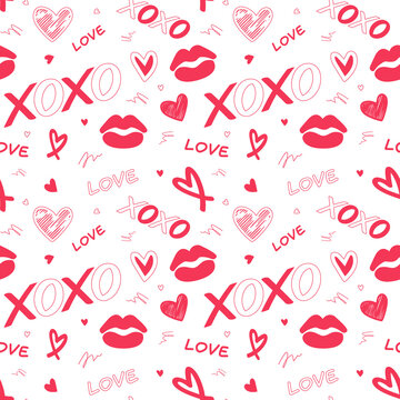 Red love heart xoxo seamless pattern hand-drawn illustration. Cute romantic chaotic and sexy hearts on a white background. Valentine's Day holiday backdrop vector.  Print on textile. Wrapping paper