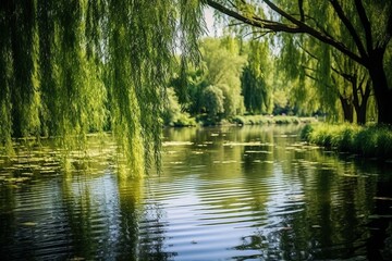 : A tranquil pond surrounded by weeping willows, their branches gracefully trailing in the water.