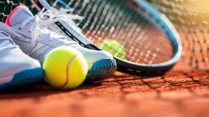 Tennis balls and rackets on a wooden bench