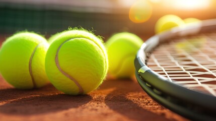 Tennis shoes, balls, and racket on a wooden bench - obrazy, fototapety, plakaty