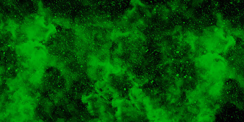 Abstract dynamic particles with soft green clouds on dark background. Defocused Lights and Dust Particles. Watercolor wash aqua painted texture grungy design