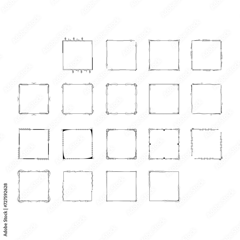 Poster set black simple line frame collection doodle square floral frame elements vector design style sketc