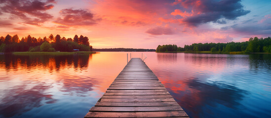 Wooden pier on the lake at sunset Beautiful summer landscape wooden bridge over the lake with sunset.
