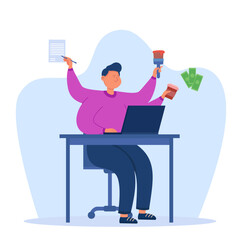 Man with many hands doing simultaneously several tasks: working on laptop, signing contract, drinking coffee, painting with brush. Vector illustration. Man working multiple and part-time jobs. Occupat