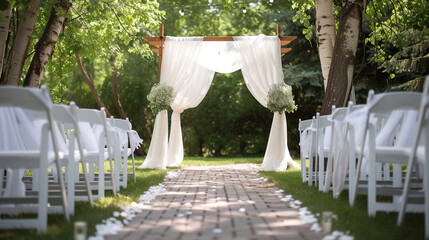 empty garden aisle. beautiful outdoor ceremony area with chairs covered in white. modern engagement decoration.