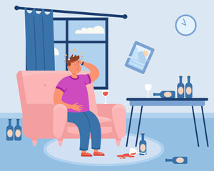 Man suffering from hangover vector illustration. Man with terrible headache sitting in armchair, empty bottles and glaas of wine nearby. Headache, hangover aftermath concept