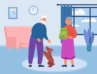 Senior people caring for dog vector illustration. Elderly man stroking dog, old woman holding packet with pet food. Caring for pets extending retired peoples lives. Retirement, pet concept