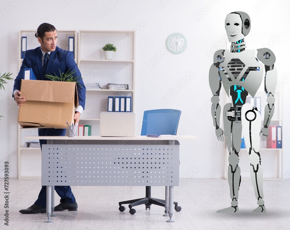 Poster concept of robots replacing humans in offices