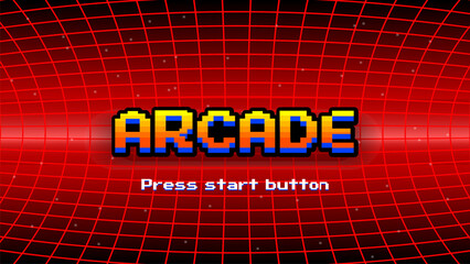 ARCADE PRESS START BUTTON.pixel art .8 bit game.retro game. for game assets in vector illustrations.Retro Futurism Sci-Fi Background. glowing neon grid.and stars from vintage arcade comp