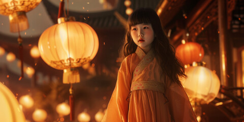 Obraz premium a little girl in the background of some lanterns, generative AI