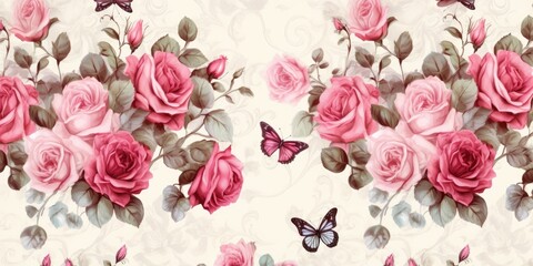 A photo featuring pink roses and butterflies arranged on a white background.