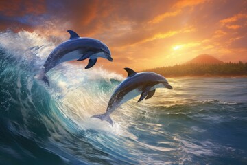 Two dolphins are leaping out of the water with grace and agility.