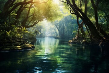 : A peaceful river winding through a vibrant forest, with sunlight filtering through the canopy and illuminating the water.