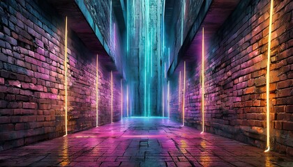 background with glowing lines, Modern futuristic neon lights on old grunge brick wall room background art, background wallpaper stone, wallpapers, photos, background, landscape, Ai Generate