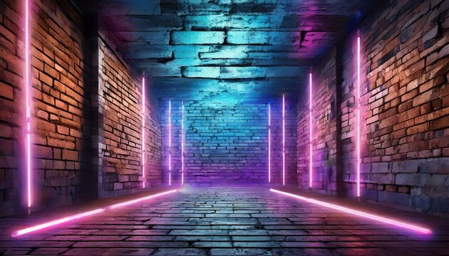 Modern futuristic neon lights on old grunge brick wall room background art, background wallpaper stone, wallpapers, photos, background, landscape, Ai Generate