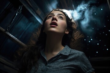 A woman stands in a dark room, her gaze directed upwards towards the sky.
