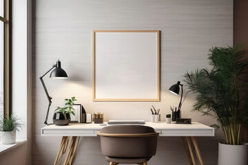 Sleek Workspace - 3D Rendering of Home Office Interior with Elegant Frame Mockup.