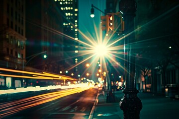 Fototapeta na wymiar : A street lamp at night, with the light creating a starburst effect and the surrounding buildings and cars blurred.