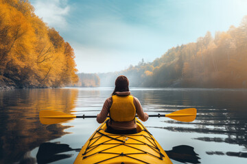 A person in a bright yellow kayak paddles down a river, surrounded by lush greenery and moving water.