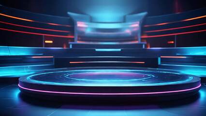 Game circle blue neon stage screen hologram platform podium for commercial products. Virtual 3D podium Hud design technology background portal cyber tech digital element show space future , product - obrazy, fototapety, plakaty