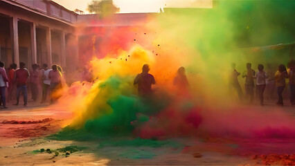 Holi Gulal Colored powder explosion, Explosive splash red, yellow, green color powder dusk with silhouette of crowd playing in the background. wide background copy space, 