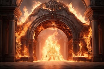 Fototapeta premium A massive archway, engulfed in flames, emits a powerful surge of fire and heat.
