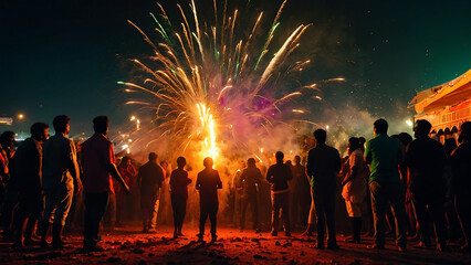 Diwali Fire Cracker explosions, Cracker Explosive splash red, yellow, green color powder dusk with silhouette of crowd playing in the background. wide background copy space, rockets
