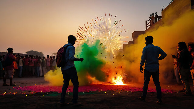 Diwali Fire Cracker explosions, Cracker Explosive splash red, yellow, green color powder dusk with silhouette of crowd playing in the background. wide background copy space, color bomb 
