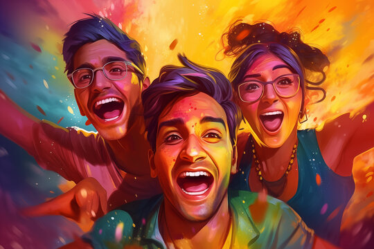 happy hindu indian people celebrate holi festival by throwing colorful powder at each other, painting style, generative AI