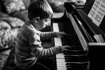 Young boy playing a piano in a living room