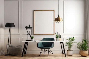 Fototapeta premium Modern Home Office Mockup - Frame on Living Room Wall, Stylish Interior Design. 