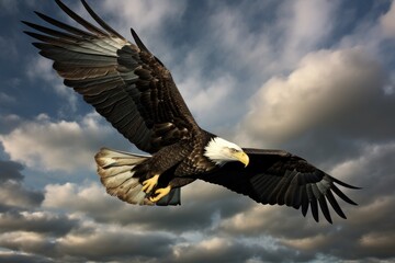 A bald eagle, with its wings spread wide, glides gracefully through a cloudy sky.