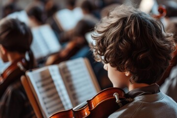 Young boy that is playing a violin in a orchestra - obrazy, fototapety, plakaty