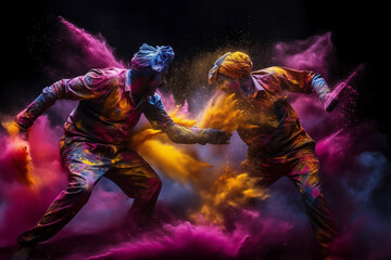 happy hindu indian people celebrate holi festival by throwing colorful powder at each other,...
