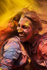 happy hindu indian people celebrate holi festival by throwing colorful powder at each other, generative AI