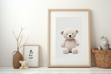 A4 mockup frame and stuffed bear. Generative AI