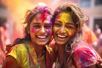 Obraz premium happy hindu indian people celebrate holi festival by throwing colorful powder at each other, generative AI